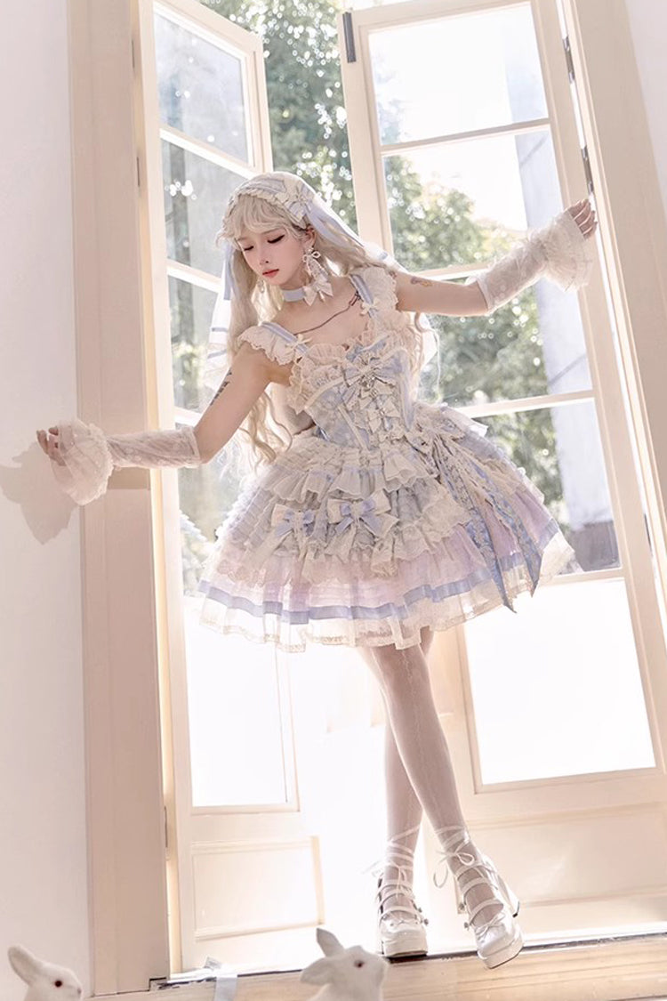 Moonstone Sleeveless Ruffle Embroidery Bow Lace Fishbone Princess Dress in Blue