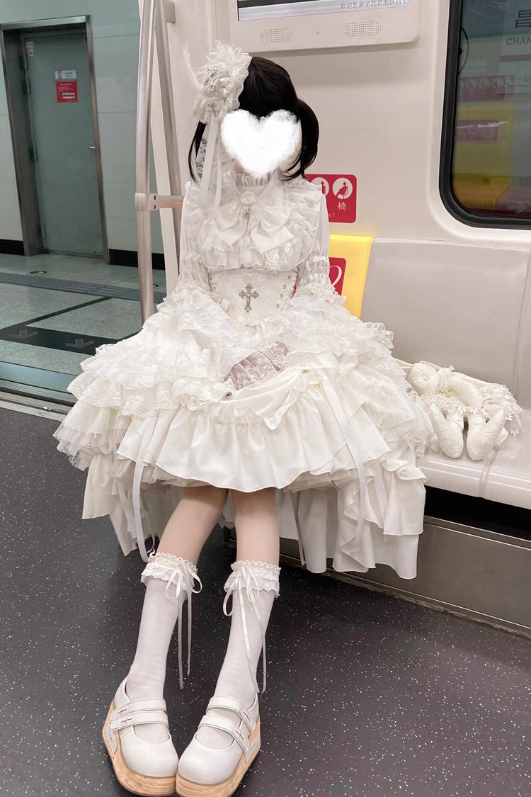 Ivory Long Hime Sleeve Ruffled Bow Gothic Skirt Dress Set