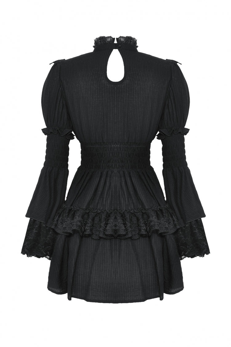 Gothic Victorian-Inspired Black Lace Ruffled High-Neck Puff-Sleeve Cutout Maxi Gown