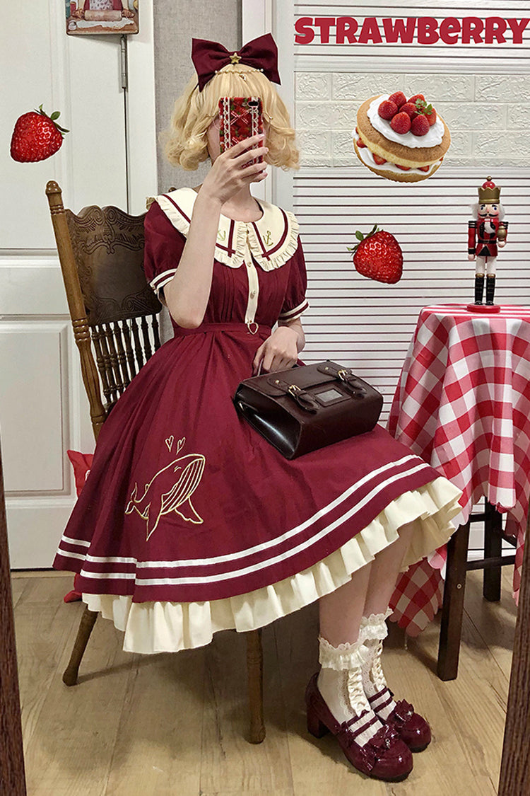 Navy Sailor Short Sleeve Sweet Lolita Dress with Whale Print