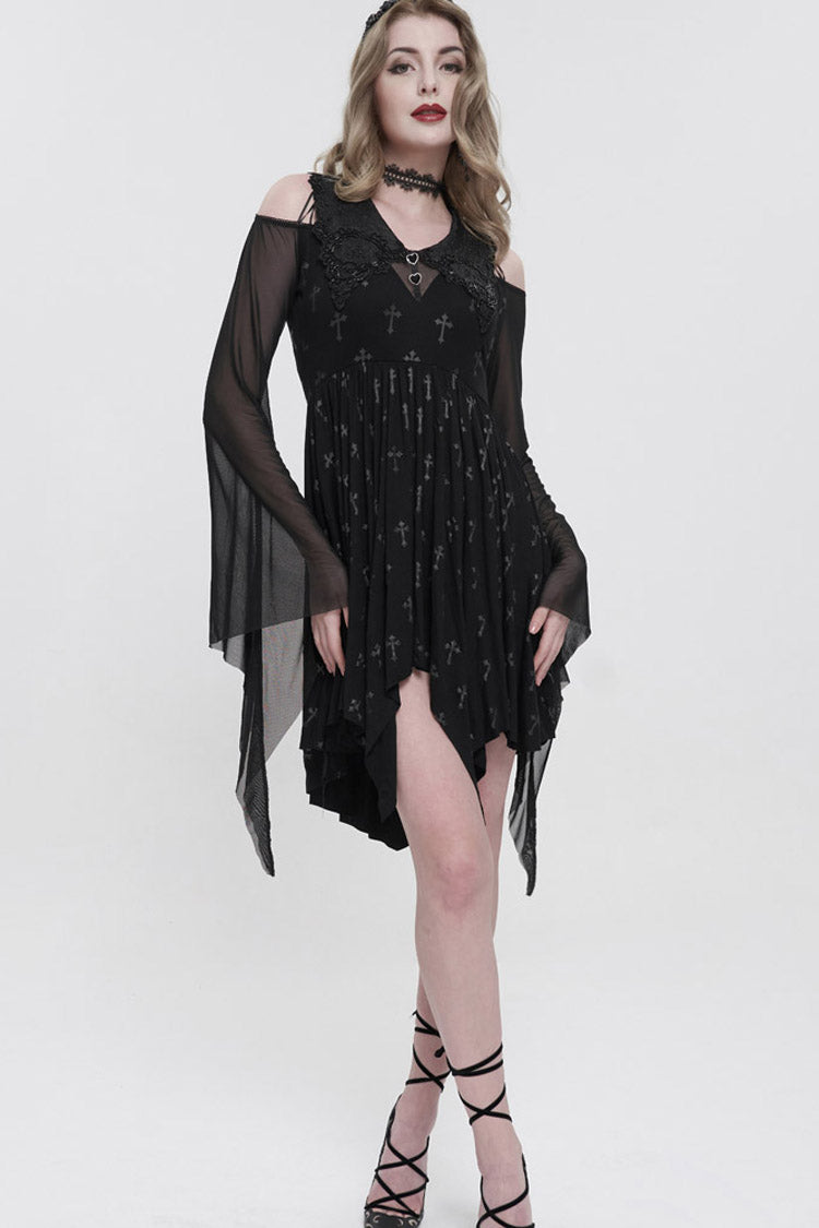 Cross Print Embroidered Beaded Neckline Mesh Flared Gothic Dress