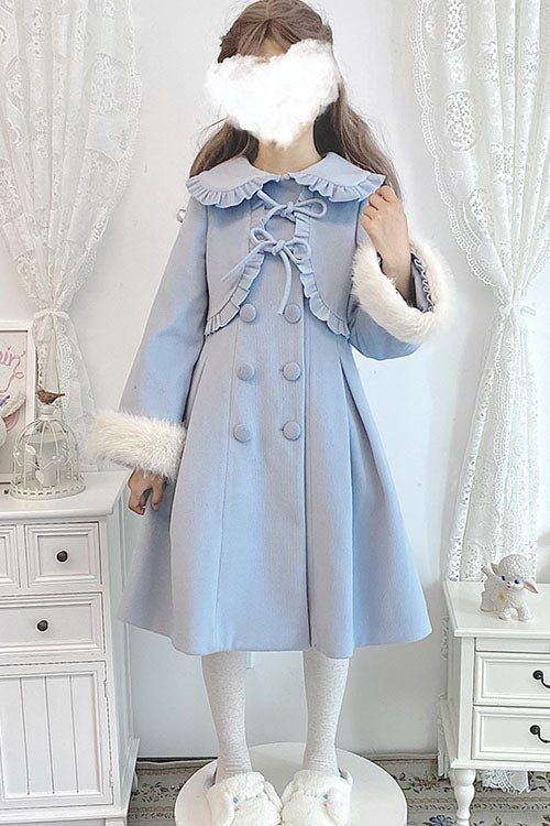 Azure Woolen Coat with Bow - Double Breasted Lolita
