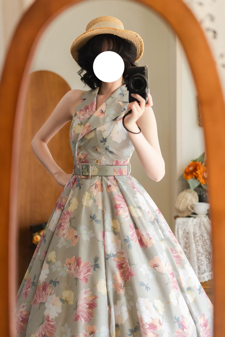 V Collar Printed Vintage Dress - Afternoon Forest