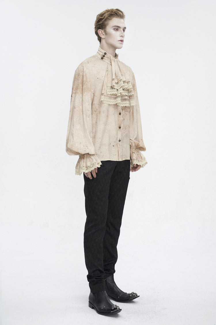 Gothic Apricot Stand Collar Puff Sleeve Men's Shirt with Necktie