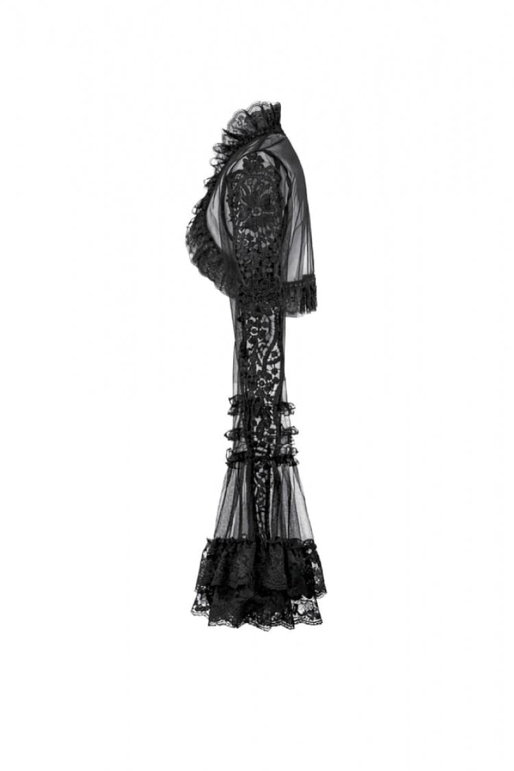 Gothic Sheer Mesh Black Lace High-Collar Flared Long-Sleeve Dramatic Cape
