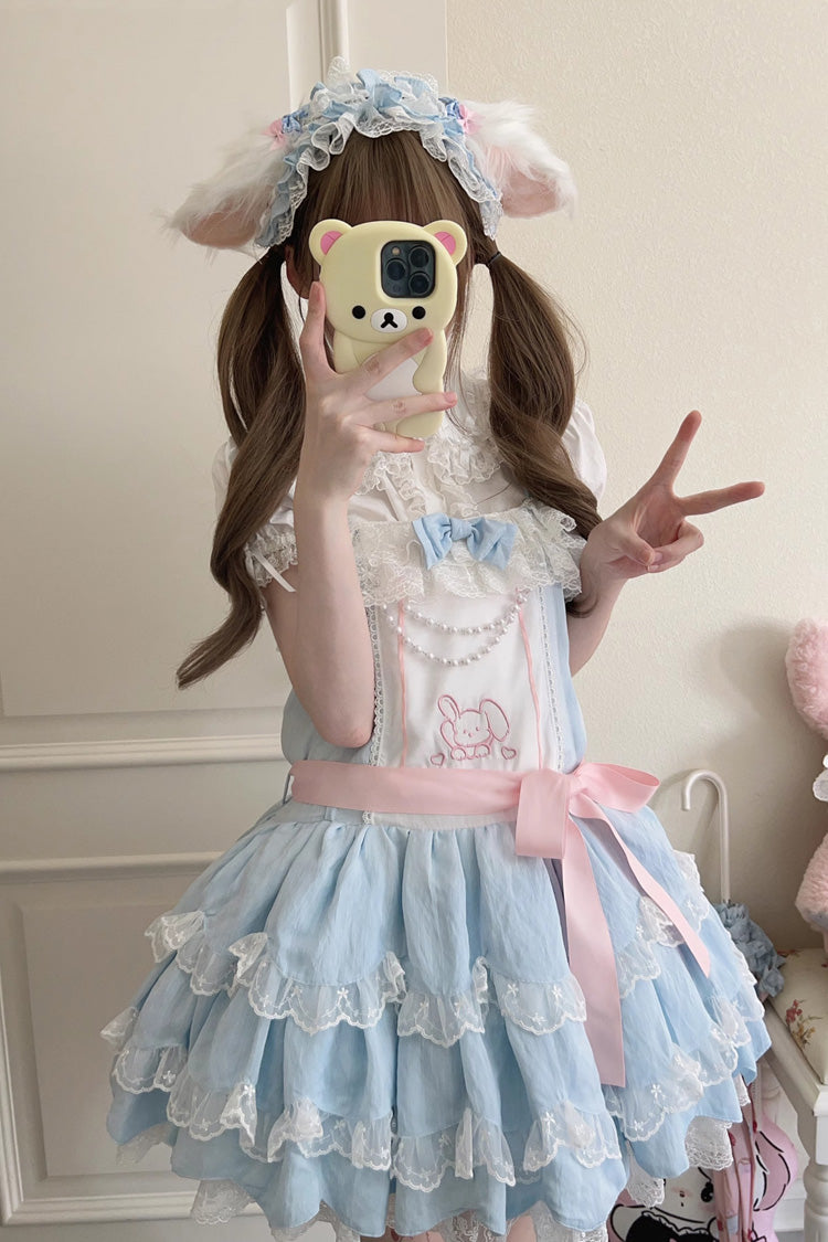 Azure Rabbit-Embroidered Sweet JSK with Double Ruffles