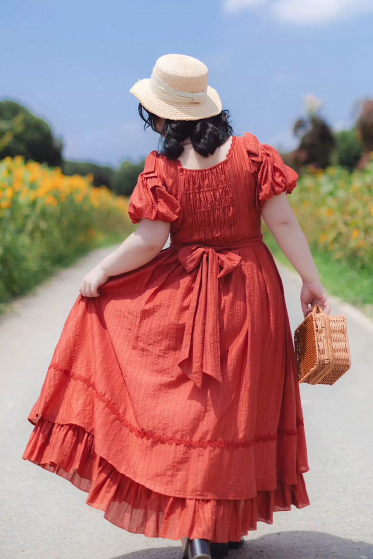 Square Collar Ruffled Bow Dress - Forest Gallery
