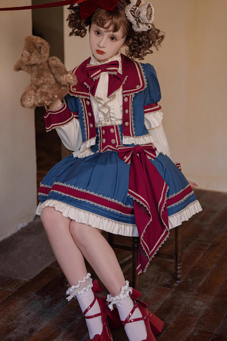 Patriotic Star Round Collar Ruffled Sweet Lolita Skirt Set - Red White Blue