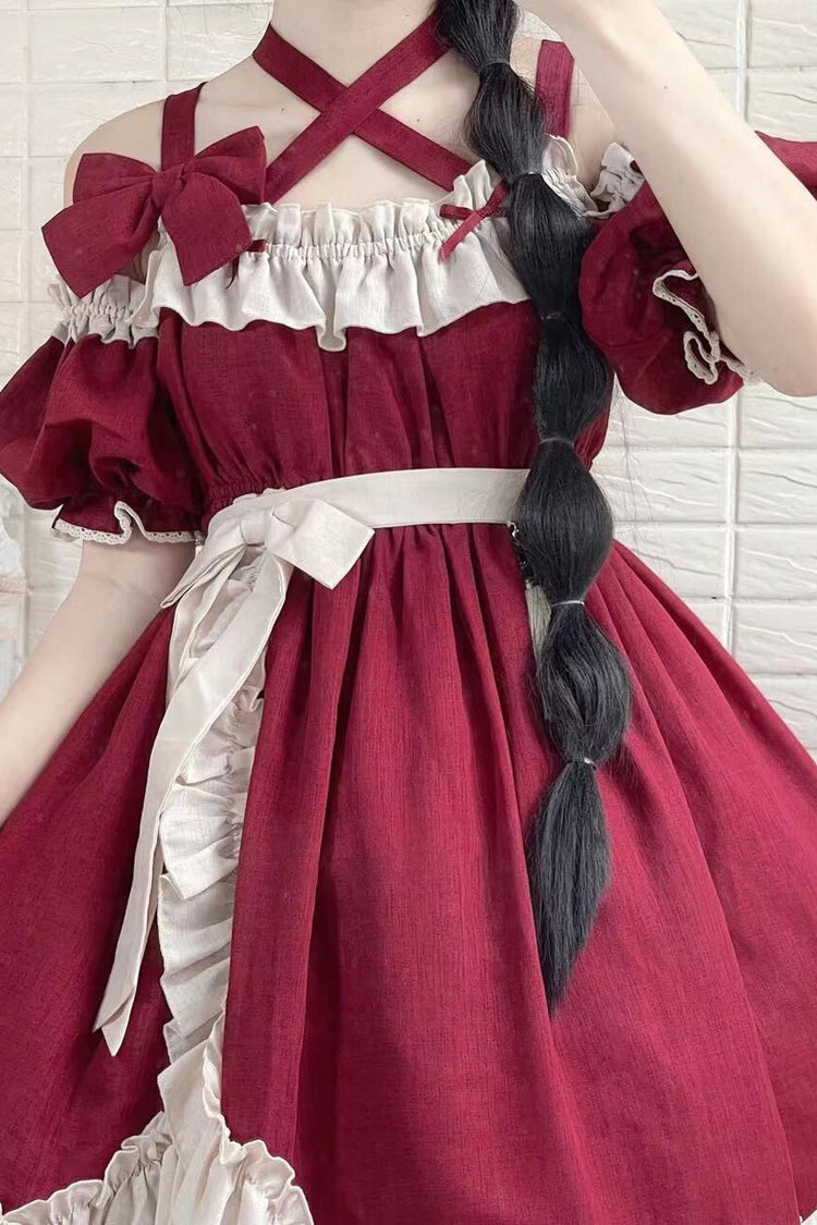 Sleeveless High Waist Ruffle Bow Asymmetric Gothic Lolita Jumper Dress - Red