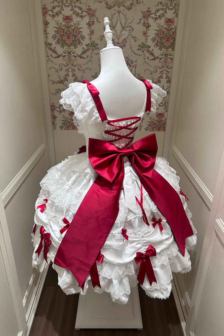 Ivory and Red Silk Gift Box Square Neck Sleeveless Layered Ruffled Bow Lace Sweet Lolita JSK