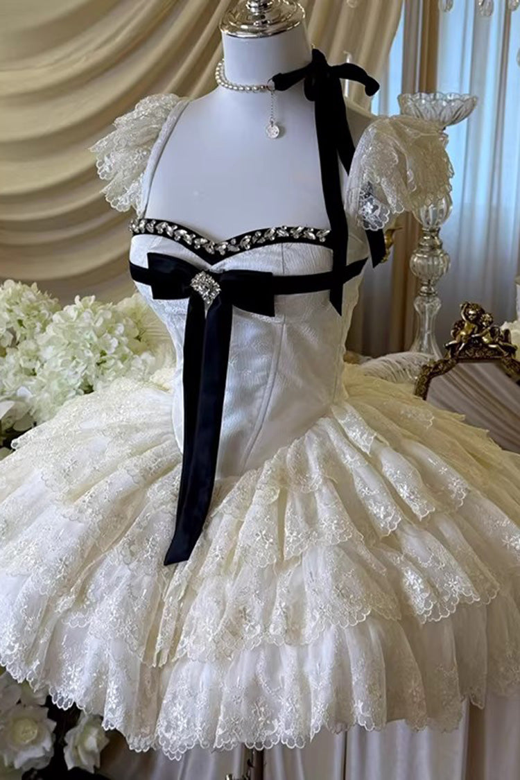 Cream Hepburn Heart Square Collar Sleeveless Multi-Layer Cut-Out Bow Lace Sweet Lolita JSK Dress