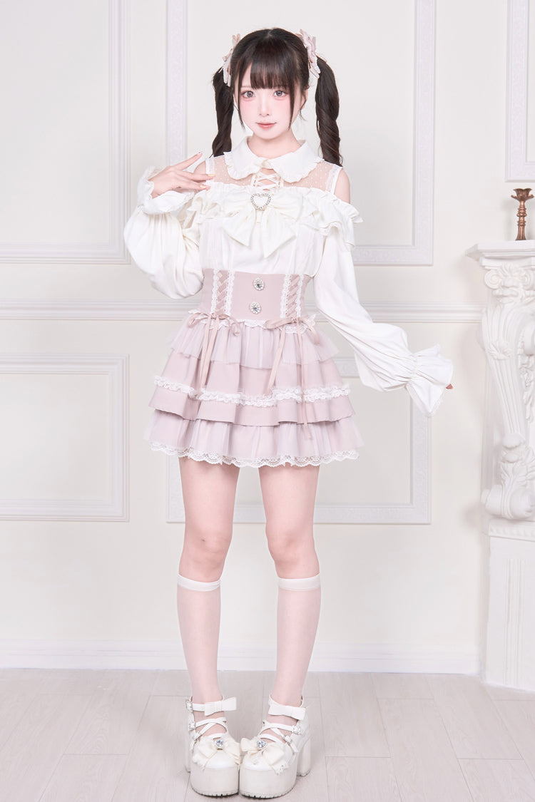 Off Shoulder Bowknot Lace-Up Print Long Sleeve Jirai Blouse in Three Colors