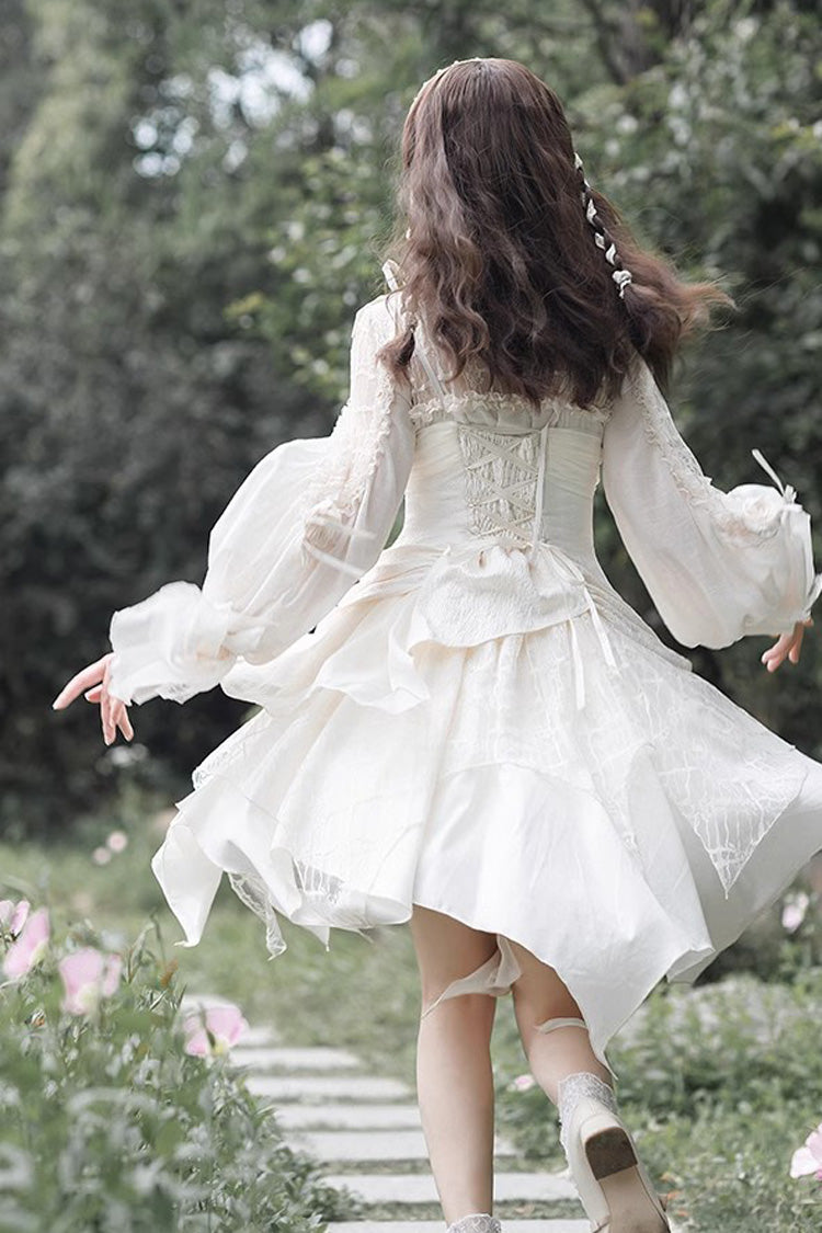 White Layered Bow Elegant Asymmetric Princess Lolita Dress