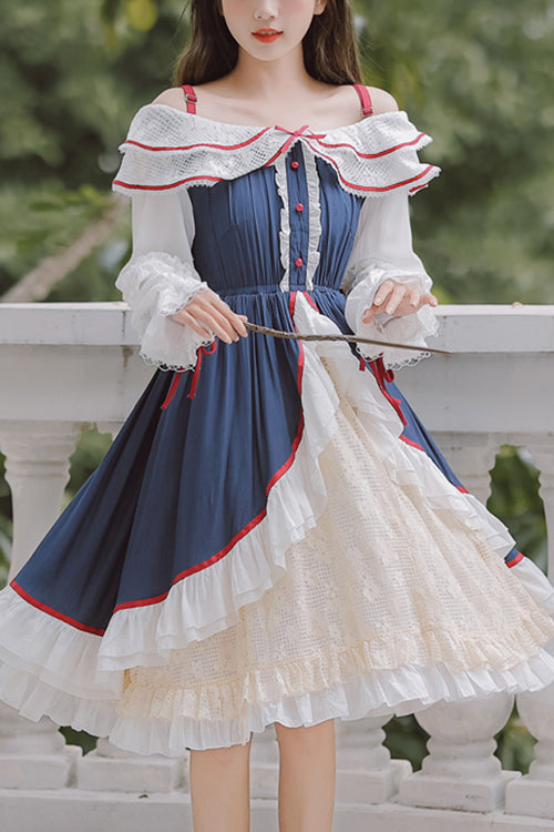 Cerulean and Ivory Strapless Ruffled Chiffon High Waist Sweet Lolita Gown with Long Sleeves