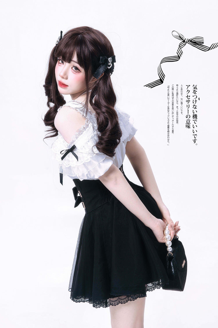 Plaid Bow Classic Jirai Kei Skirt Ensemble with Off-Shoulder Sleeves