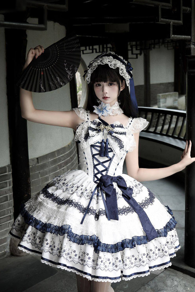 Mandarin Duck Rhapsody Sleeveless Porcelain Printed Ruffled Bow Chinese JSK