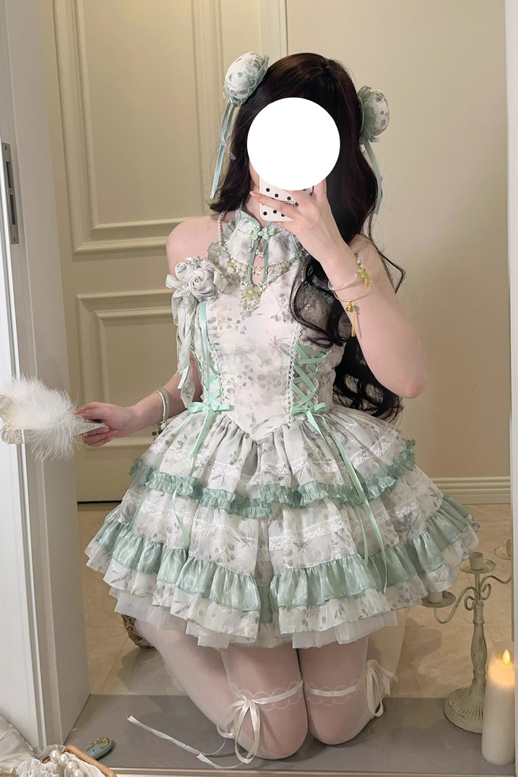 Rose Moon Bamboo Halter Multi-Tier Printed Frill Sweet Chinese Lolita Gown in Two Tones