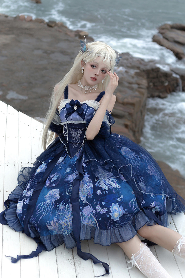 Blue Print Ruffle Lace Sweet Elegant Lolita Jsk Dress