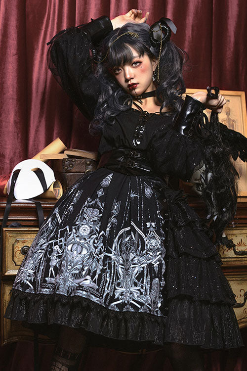Black Red Heart Eye Print High Waist Gothic Lolita Skirt Dress - Altfashion Shop