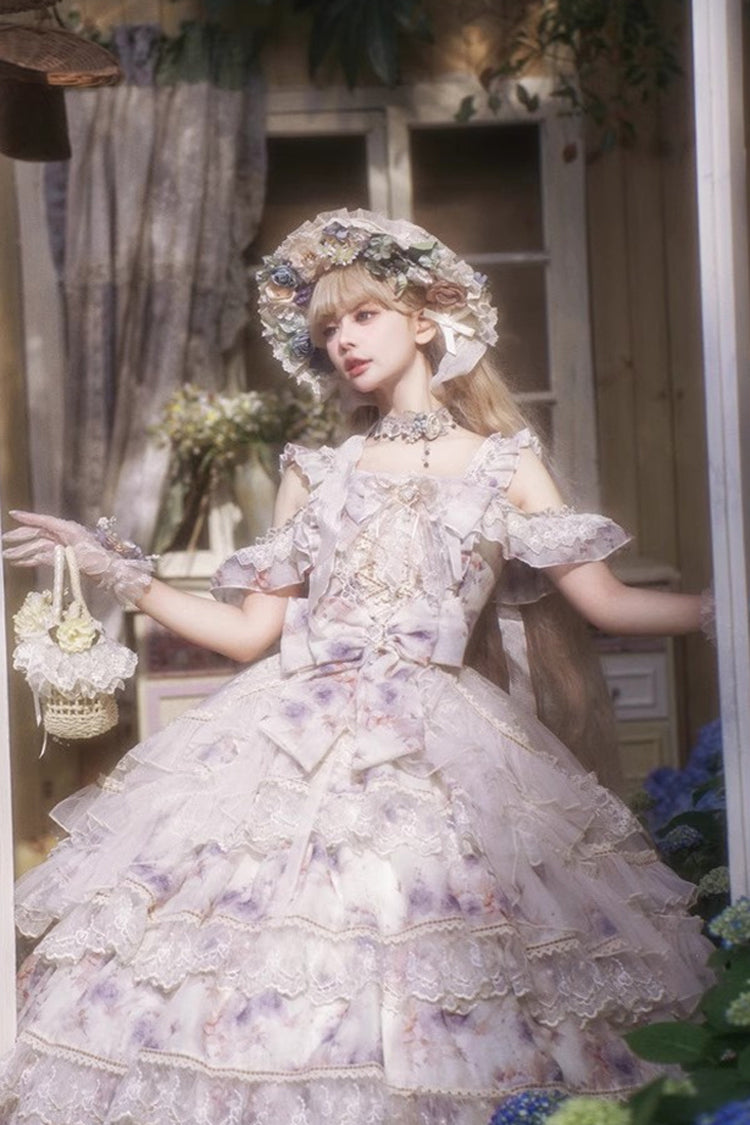Rose Letter Off Shoulder Triple-Layered Print Ruffle Hanayome Princess Lolita Dress in Blue
