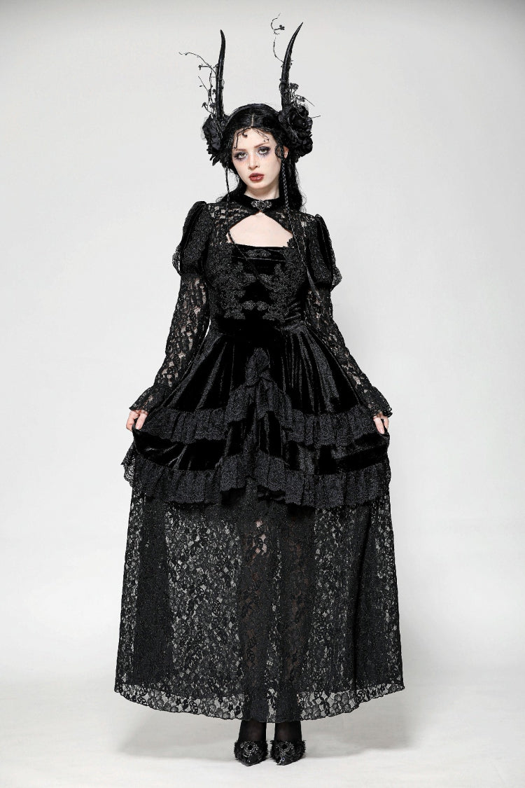 Jet-Black Gothic Evening Dress with Cutout Lace and Velvet Corset