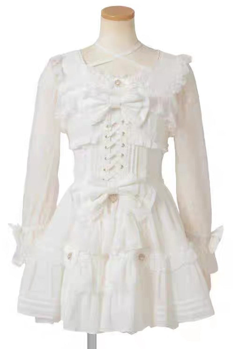 Sweet Square Collar Long Sleeve Lace Ruffle Bow Lace-Up Plus Size Dress