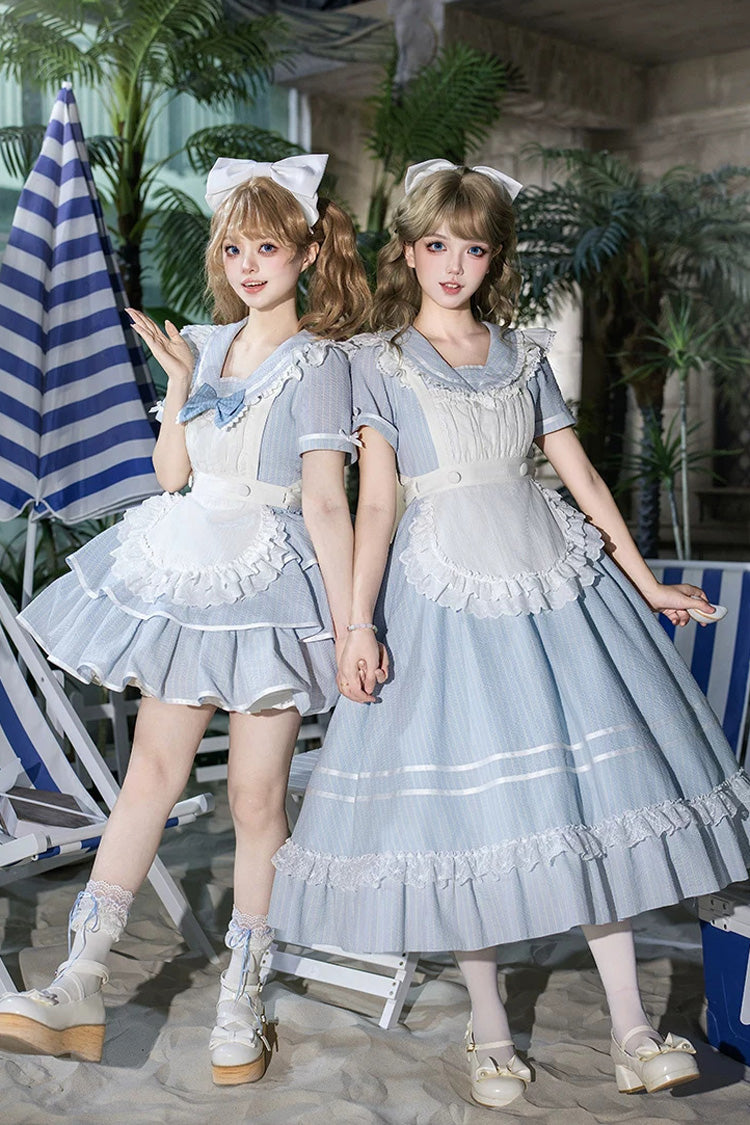 Sweet Lolita Dress with Printed Ruffled Bow and Navy Collar - Blue