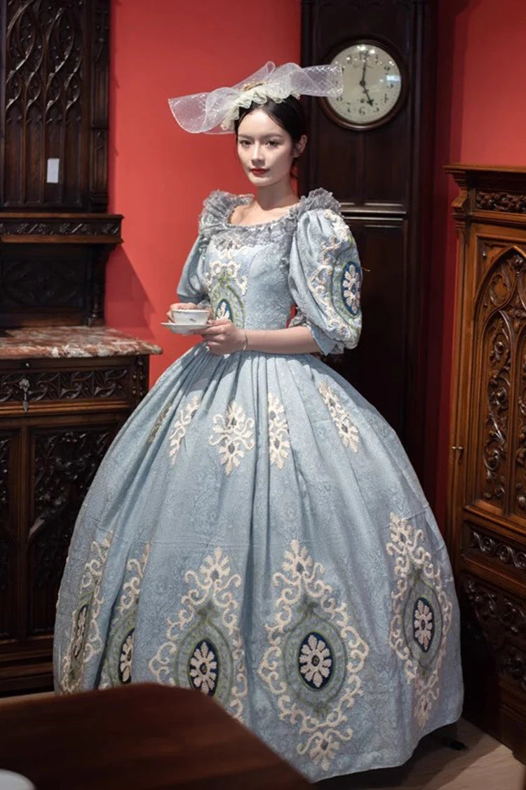 Blue Printed Embroidery Victorian Dress - Vintage Lolita