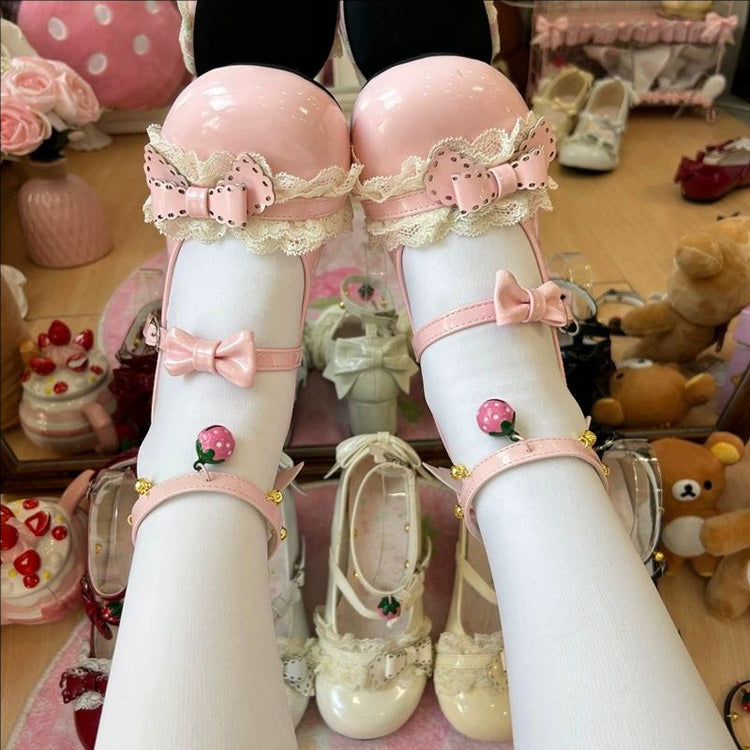 Lace Trim Bow Mary Janes with Ankle Bells - Mid Heel, 6 Tones
