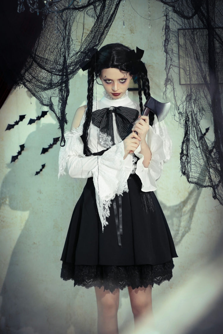 Lace High Collar Asymmetric Long Trumpet Puff Sleeves Bowknot Gothic Short Dress