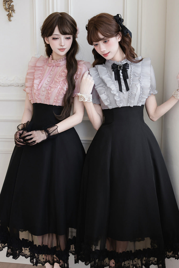 Miss Lola Snow Kiss Stand Collar Short Puff Sleeves Ruffled Color-Blocked Faux Two-Piece Sweet Lolita Long Dress 3 Colors - Black