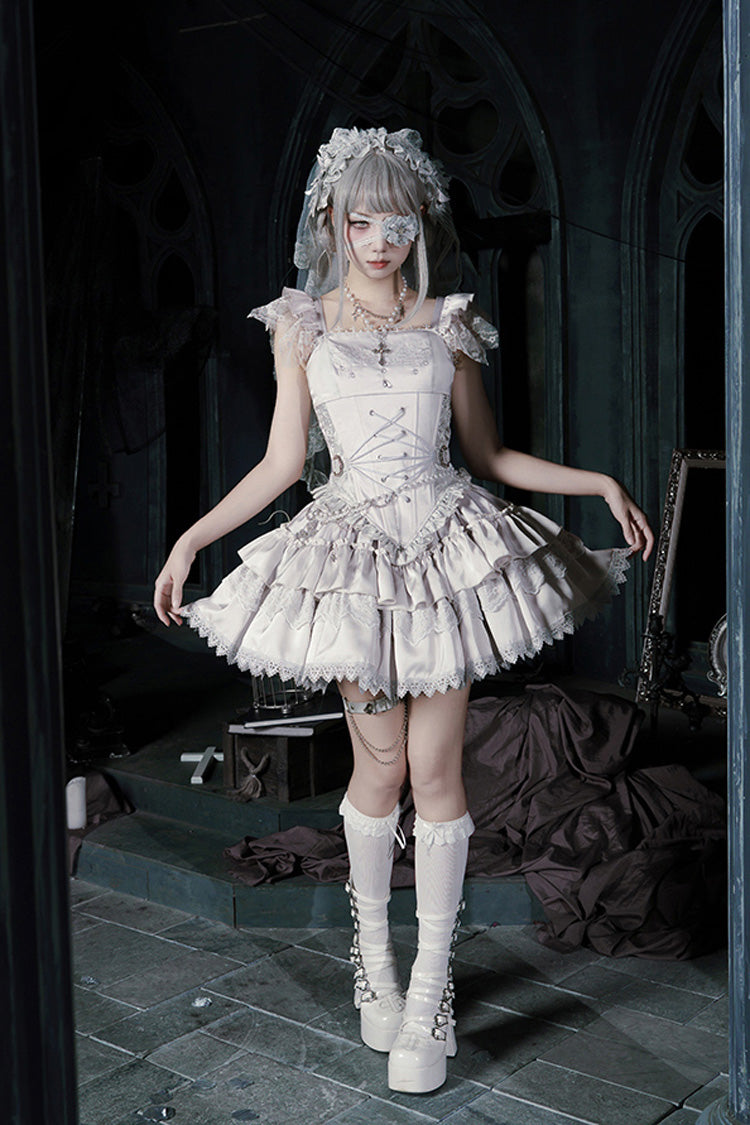Bionic Doll Square Collar Gothic Lolita Corset Set with Multi-Layer Ruffles, Short Skirt