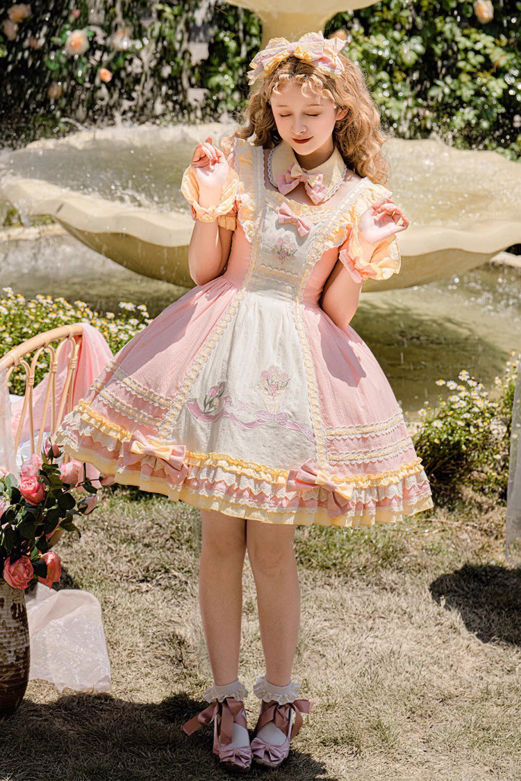 Pink Tulip Print Short-Sleeve Ruffle Bow Sweet Lolita Dress