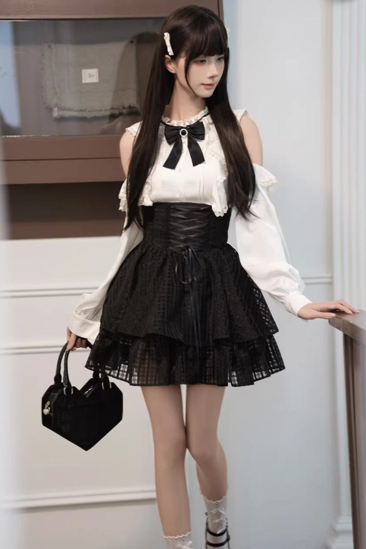 Black and White Round-Collar Cut-Out Bow Lace-Up Elegant Skirt Set