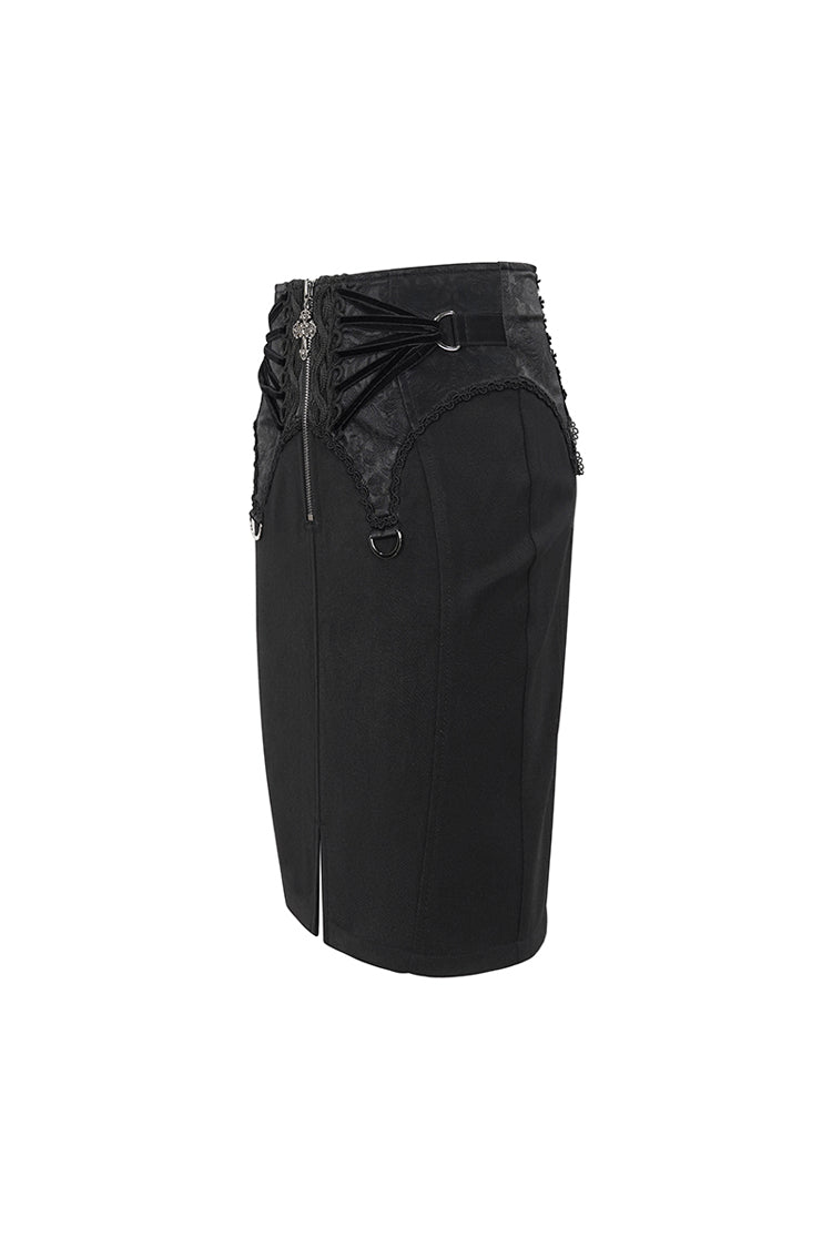 Floral Embroidered Gothic Split Skirt for Women with Lace-Up