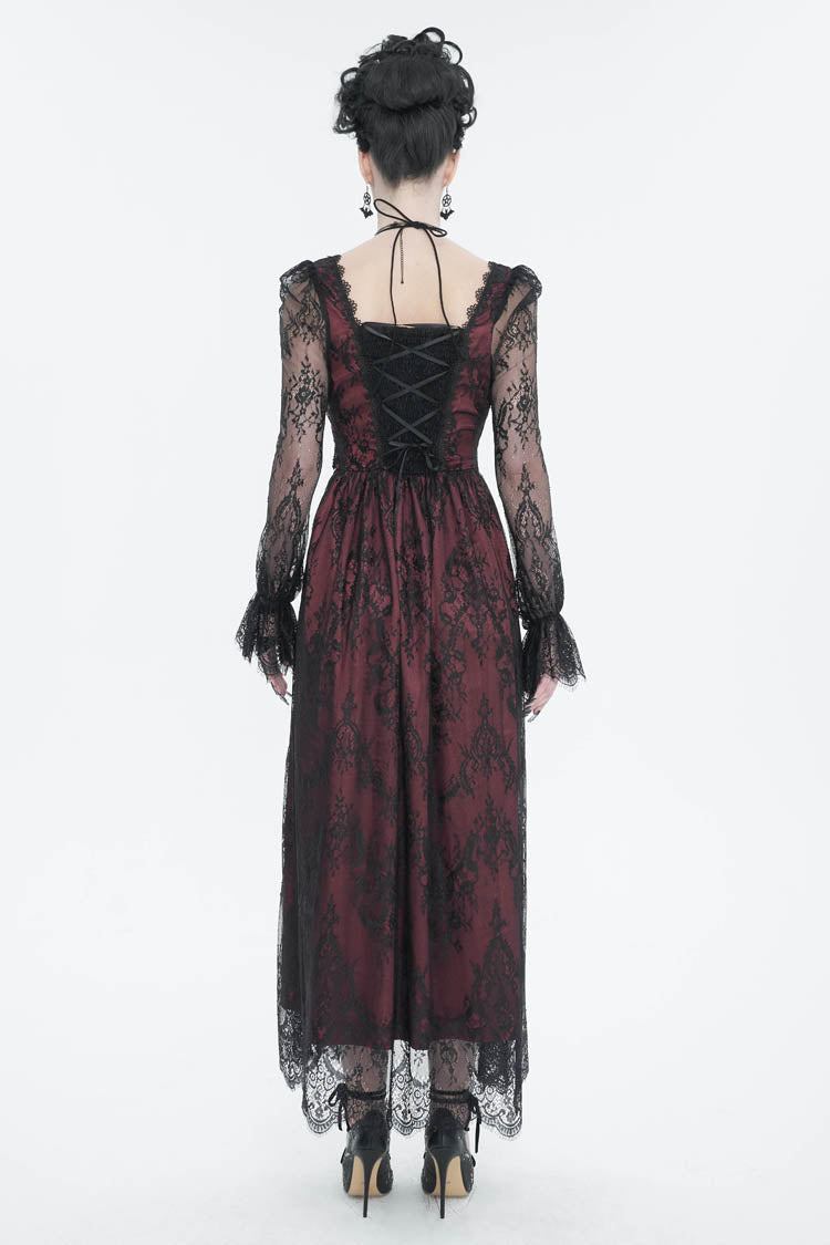 Crimson Lace-Trimmed Cutout Adjustable Waist Gothic Gown