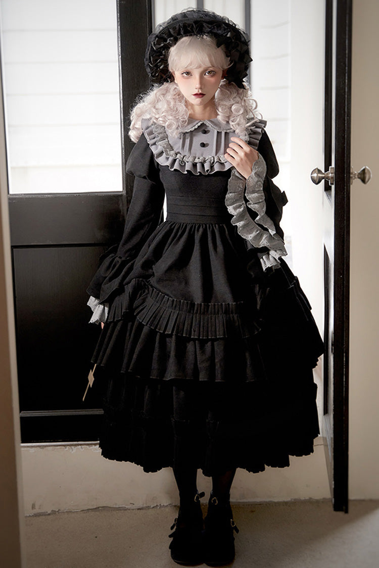 Long Hime-Sleeve Ruffled Bow Gothic Dress in Black