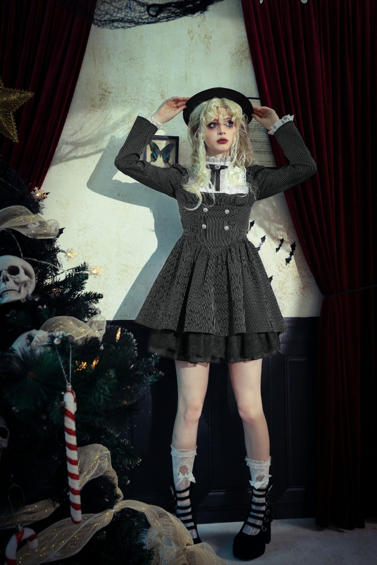Black/White Striped Lace-Up Gothic Dress with Bow