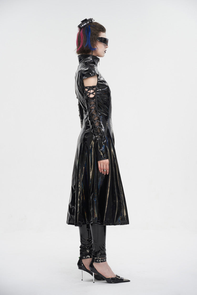 Patent Leather Mesh Spliced Long Punk Coat for Women Lace-Up