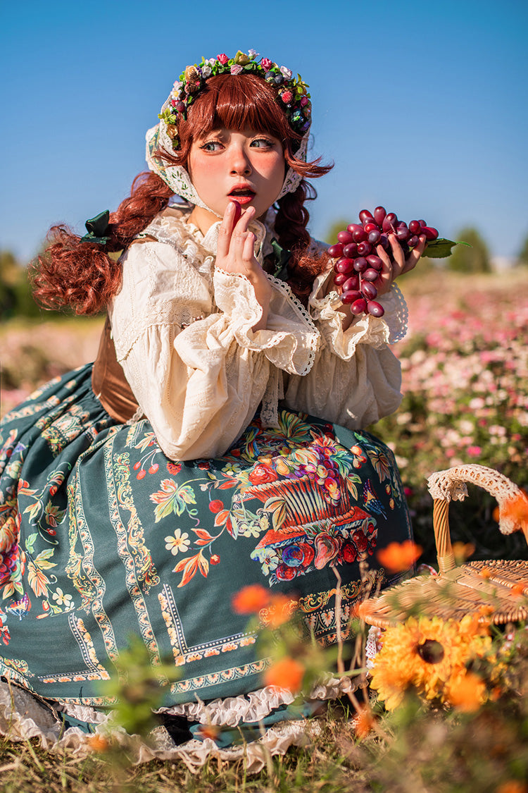 Green Velvet Classic Lolita JSK Dress with Berries and Birds Print Ruffle Bowknot