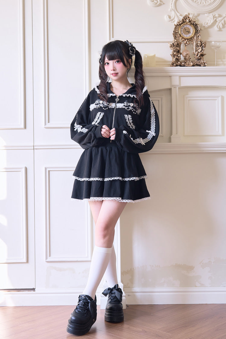 Hooded Bow Lace Hoodie & Skirt - Jirai Kei Set