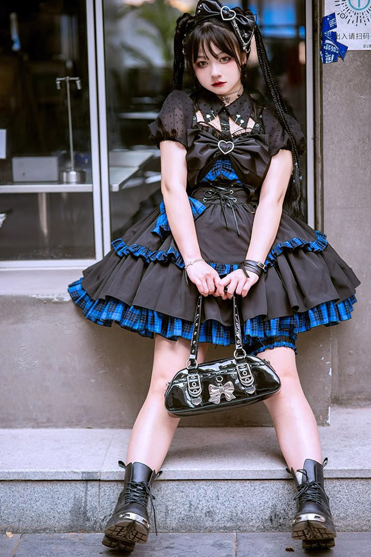 Black/Blue Sleeveless Multi-Layer Ruffle Bowknot Gothic Lolita Jsk Dress
