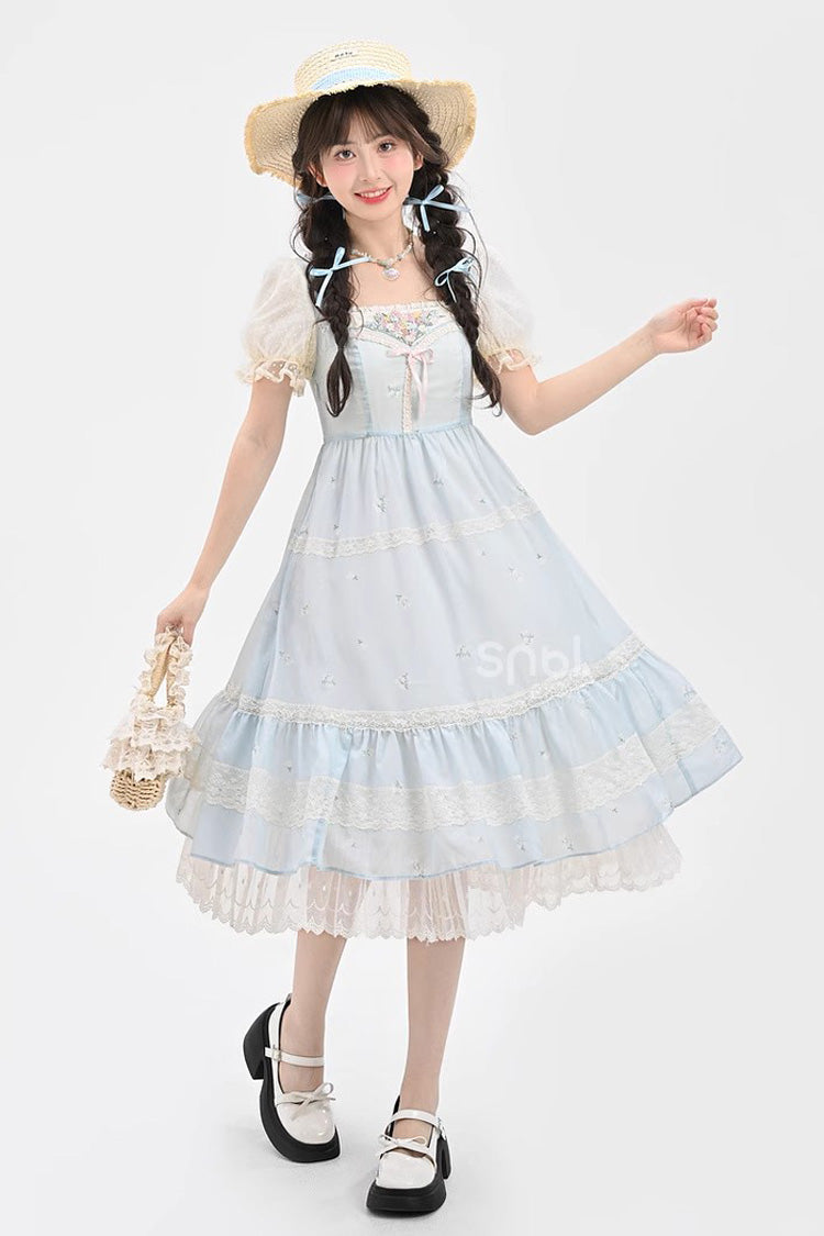Azure Embroidered Sweet Princess Dress with Lace and Bows