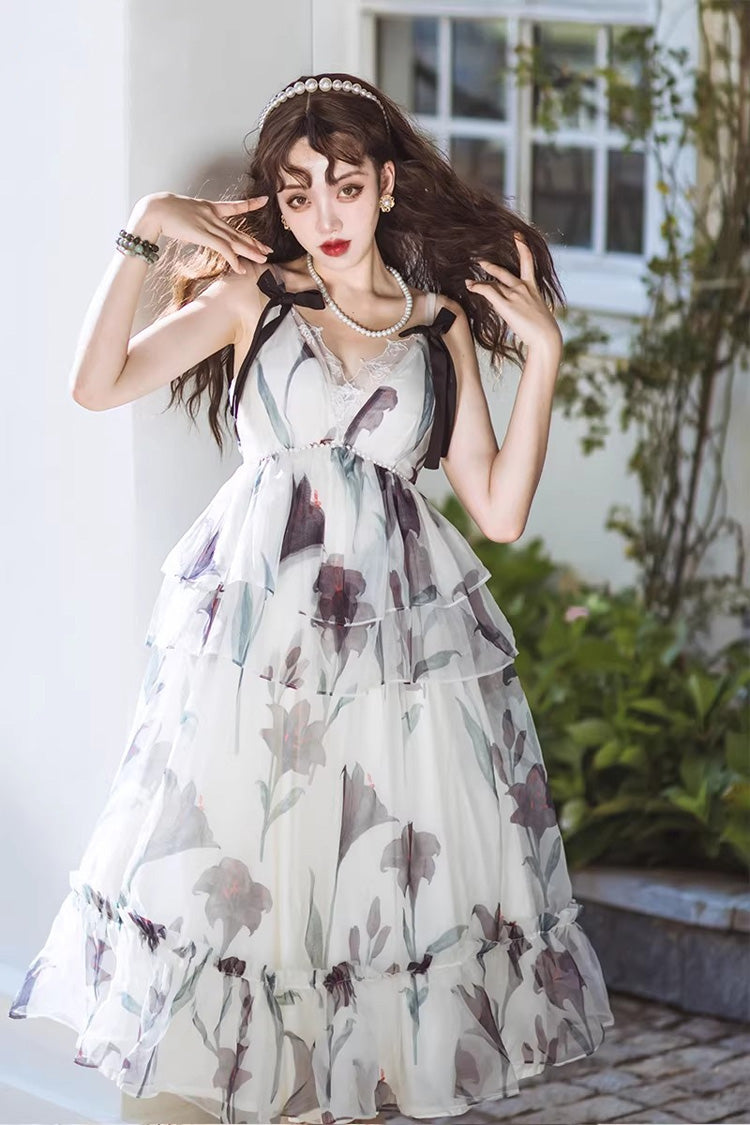 Ivory V-Neck Sleeveless Layered Bow Print Sweet Lolita JSK