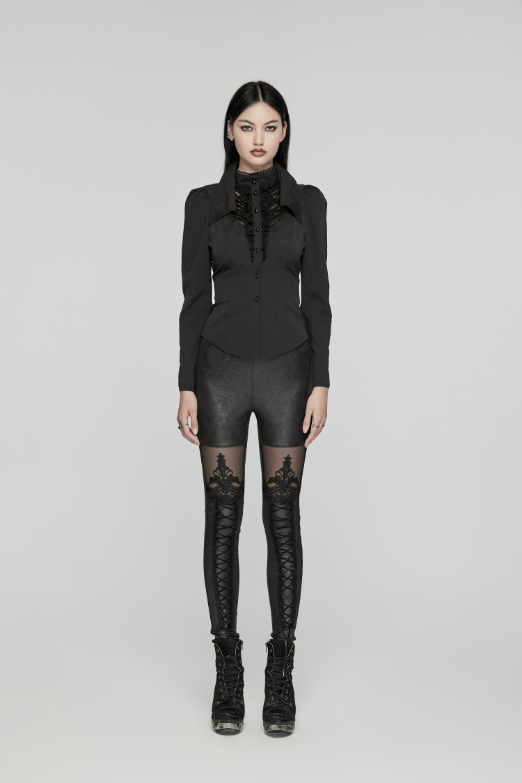 Jet-Black Gothic Blouse with Puffed Sleeves and Stitched Lace for Women