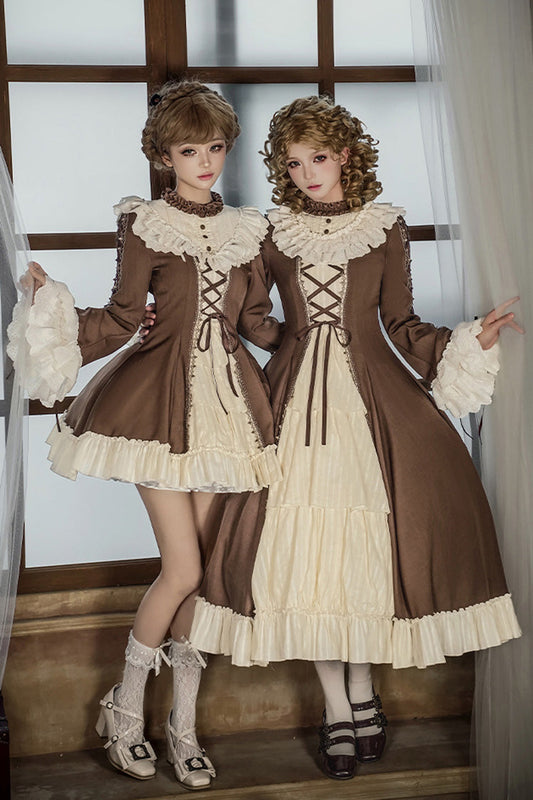Brown Beige Nutcracker Stand Collar Long Trumpet Sleeves Ruffle Cardigan Lace-Up Sweet Lolita Dress Set