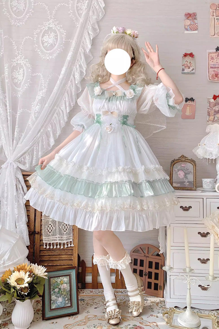 Long Sleeve Multi-Layer Ruffle Bow Lace Lace-Up Sweet Princess Lolita Dress - Green