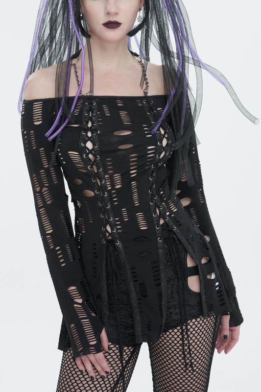 Gothic T-Shirt with Ripped One-Shoulder Halter Rope & Long Sleeve