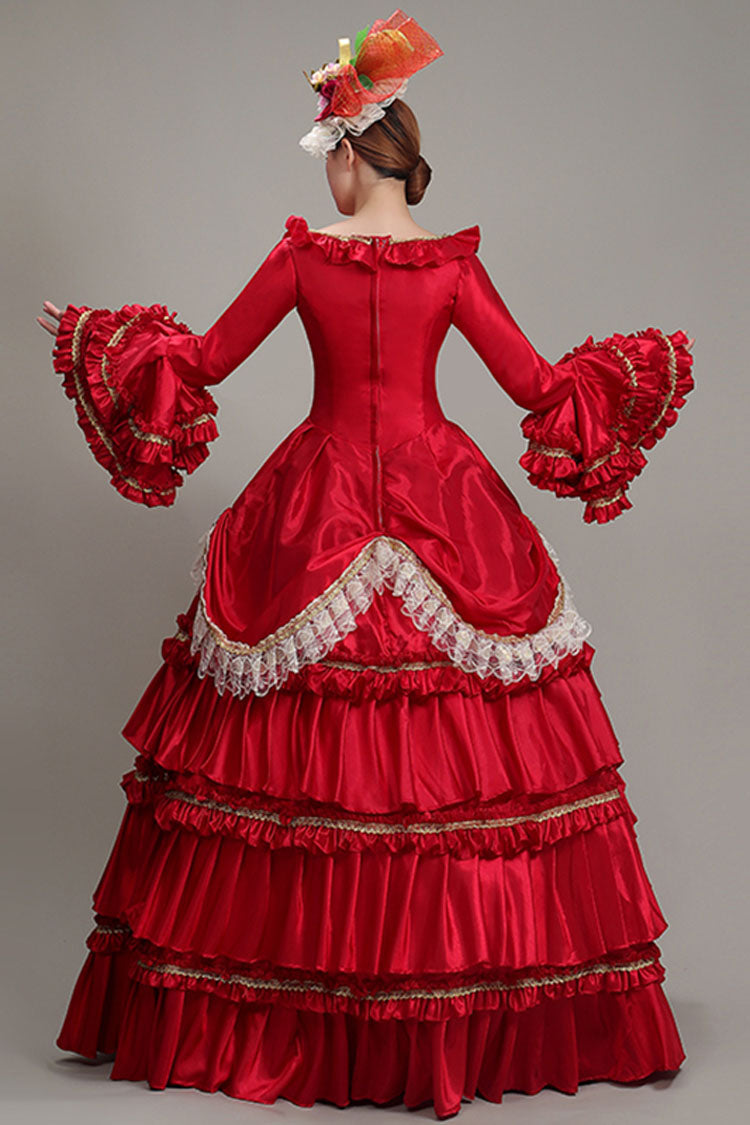Crimson Victorian Lolita Tiered Prom Dress with Ruffled High Waist