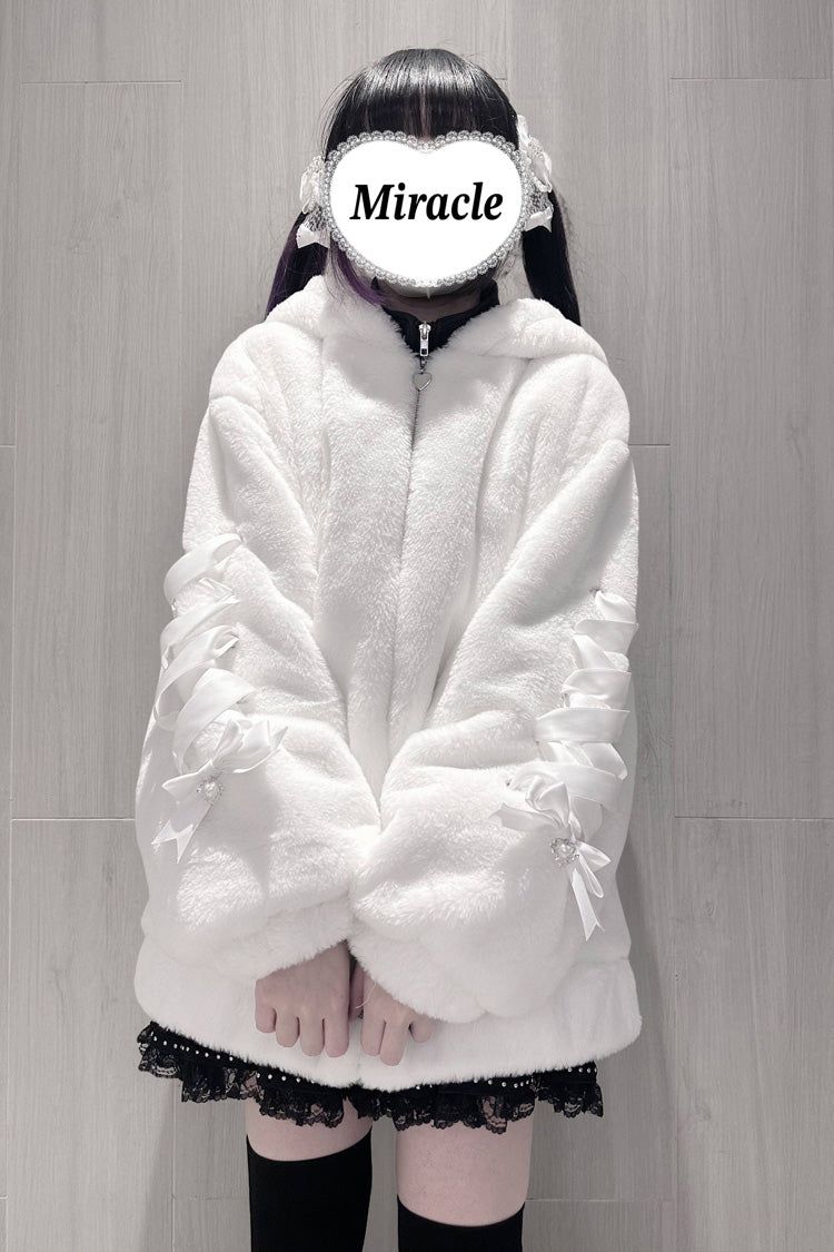 Sleepy Bear Fluffy Japanese Jirai Kei Coat with Bow and Lace-Up
